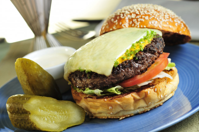 Обои картинки фото еда, бутерброды, гамбургеры, канапе, огурцы, котлета, зелень, гамбургер, фастфуд