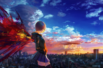 Картинка аниме tokyo+ghoul токийский гуль монстр город небо арт тока девушка взгляд кагунэ