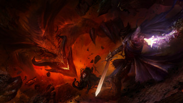 Картинка фэнтези драконы дракон огонь рога меч магия тьма пламя воин