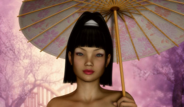 Картинка 3д+графика портрет+ portraits азиатка зонтик взгляд девушка