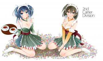 Картинка аниме kantai+collection девушки цветы поднос горничные чашки чай белый фон сидят
