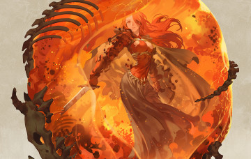Картинка аниме -weapon +blood+&+technology девушка рыжая меч пламя скелет