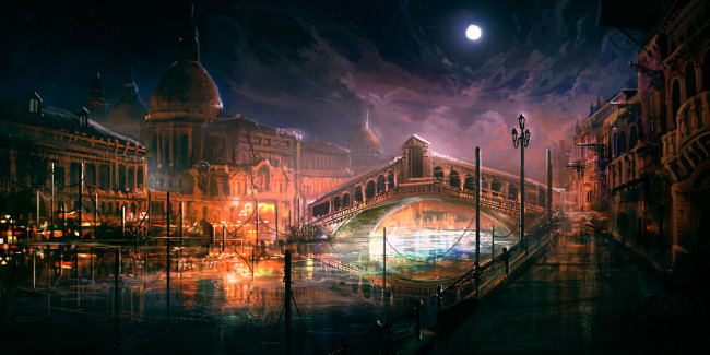 Обои картинки фото рисованные, города, венеция, ночь, город, река, мост, луна, полнолуние