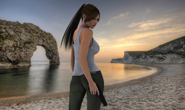Обои картинки фото young lara, 3д графика, люди , people, оружие, взгляд, скала, пляж, море, девушка