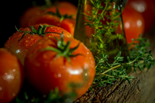 Обои картинки фото еда, помидоры, зелень, капли, томаты