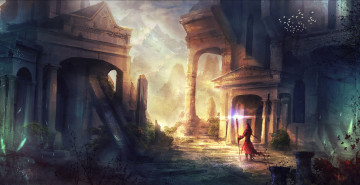 Картинка фэнтези маги +волшебники руины мир иной горы город посох колдун
