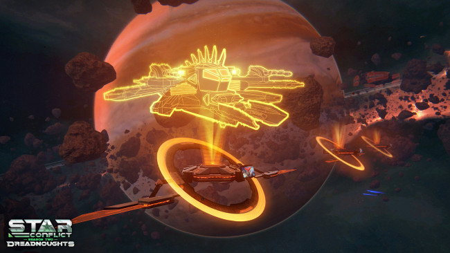 Обои картинки фото видео игры, star conflict,  dreadnoughts, планета, вселенная, полет, космический, корабль, метеориты
