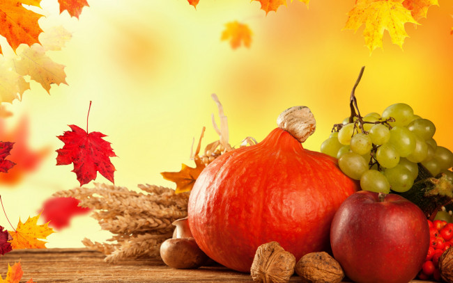 Обои картинки фото еда, фрукты и овощи вместе, тыква, fruits, виноград, урожай, листья, осень, pumpkin, still, life, autumn, harvest