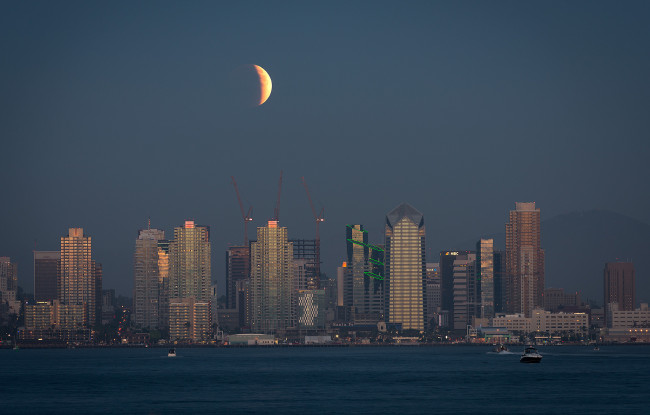 Обои картинки фото города, сан-диего , сша, ночь, здания, california, san, diego, луна
