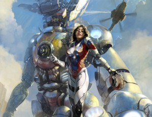 Картинка фэнтези роботы +киборги +механизмы гигантский шлем вертолет небо девушка арт робот костюм