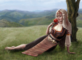 Картинка рисованное живопись фон девушка роза луг горы