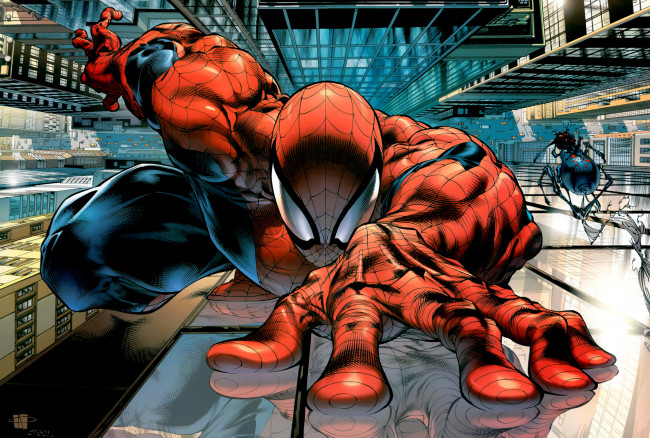 Обои картинки фото рисованное, комиксы, spider-man, comics, небоскребы, marvel, Человек-паук, комикс