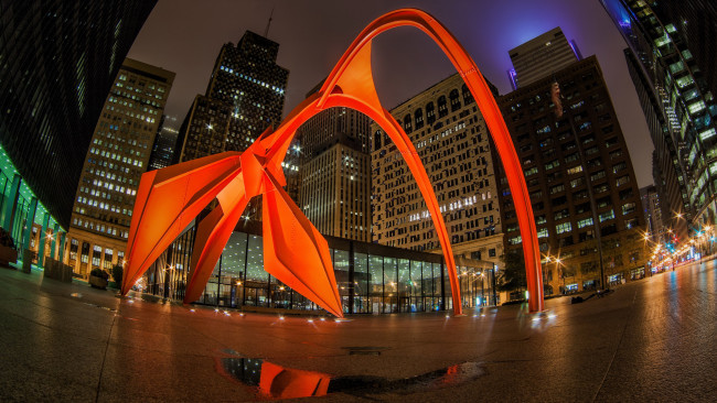 Обои картинки фото города, Чикаго , сша, скульптура, огни, вечер, небоскребы