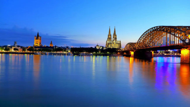 Обои картинки фото города, кельн , германия, огни, вечер, собор, мост, река