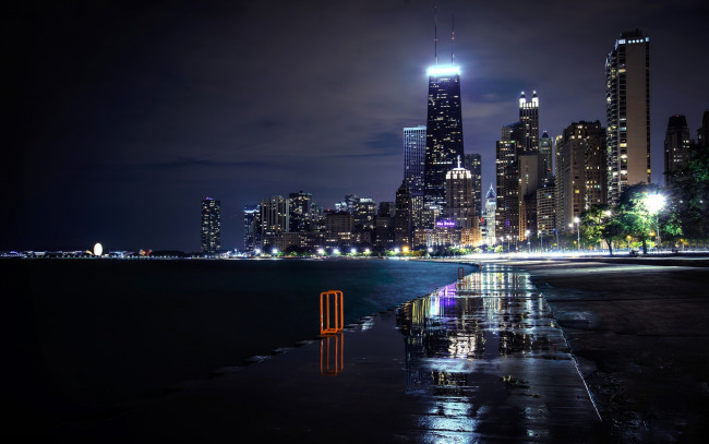 Обои картинки фото города, Чикаго , сша, небоскребы, вечер, огни, залив