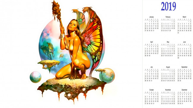 Обои картинки фото календари, фэнтези, шар, крылья, девушка, жезл