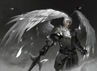 Картинка фэнтези ангелы взгляд крылья латы фон мужчина