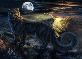 обоя рисованное, животные,  сказочные,  мифические, луна, фон, горы, существо, тигр