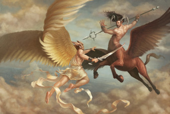 Картинка фэнтези существа фон мужчины бой кентавр копье крылья рога меч