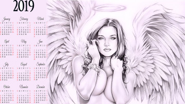 обоя календари, фэнтези, девушка, нимб, крылья, 2019, calendar, взгляд, ангел
