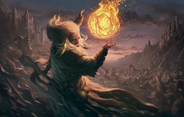 Картинка фэнтези маги +волшебники огонь шар трубка фон старик
