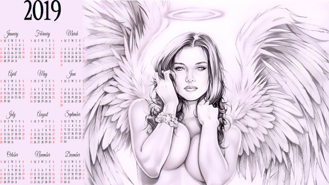 Обои картинки фото календари, фэнтези, девушка, нимб, крылья, 2019, calendar, взгляд, ангел