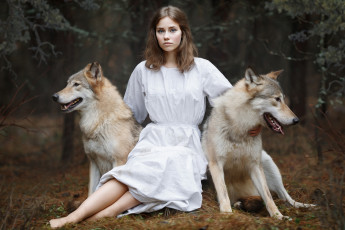Картинка девушки -+блондинки +светловолосые девушка модель светловолосая поза красотка лес волки животное хищник два белое платье алёна зверева