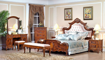 Картинка интерьер спальня комод подушки картины трюмо лампы кровать