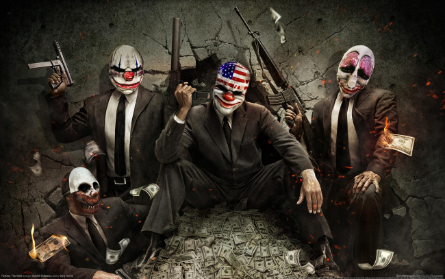 Обои картинки фото payday, the, heist, видео, игры, оружие, доллары, маски