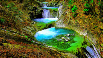 Картинка природа водопады камни трава лес овраг каскад водопад
