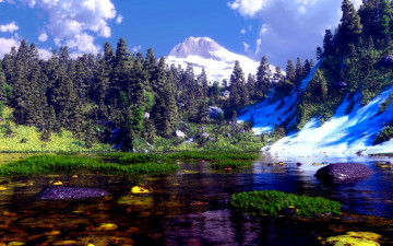 Картинка природа реки озера трава хвойный лес речка снега горы утро
