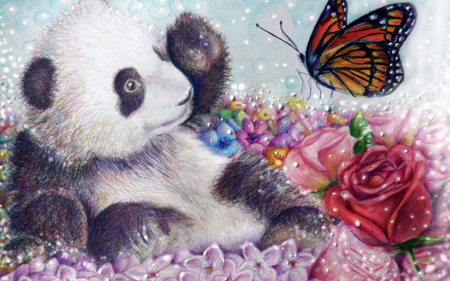 Обои картинки фото рисованное, животные,  панды, роза, цветы, бабочка, арт, медведь, панда