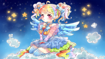 Картинка аниме ангелы +демоны звезды платье украшения девочка арт rainbow dash крылья облака заколка