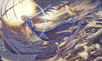 Картинка аниме card+captor+sakura стрелы лук оружие парень qinshou арт yue card captor sakura ana bi облака небо птицы
