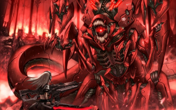 Картинка аниме оружие +техника +технологии железный монстр броня пасть супер-оружие пожар пламя сражение