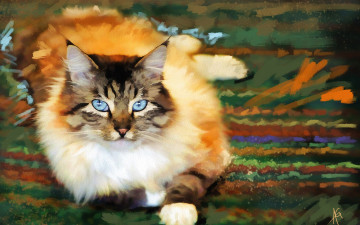 Картинка рисованное животные +коты голубоглазый портрет живопись смотрит лежит колор-пойнт кот акварель картина мазки