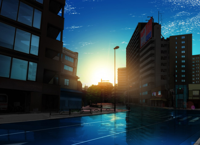 Обои картинки фото аниме, город,  улицы,  здания, улица, свет, облака, небо, восход, здания, sahara386, утро, арт