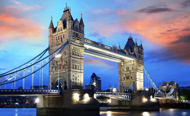 Обои картинки фото города, лондон , великобритания, темза, закат, облака, мост, река