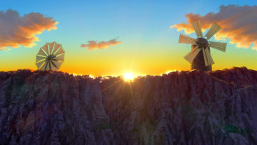 Картинка рисованное природа гора мельница восход