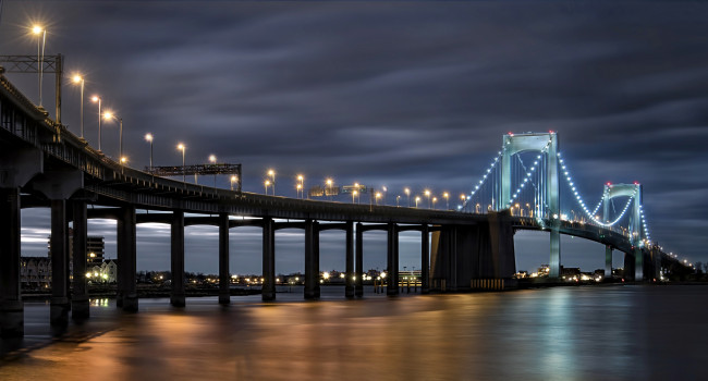 Обои картинки фото throgs neck bridge, города, - мосты, мост, огни, ночь