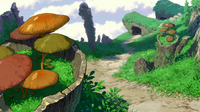 Обои картинки фото рисованное, природа, растения, гриб, пещера, тропа
