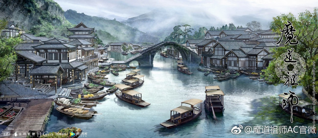 Обои картинки фото аниме, mo dao zu shi, город, горы, мосты, лодки, река