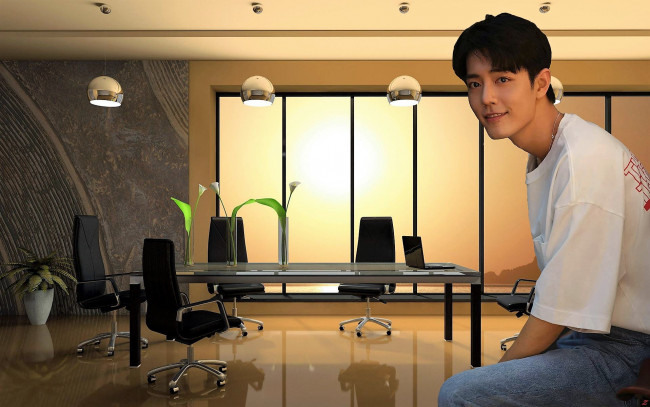 Обои картинки фото мужчины, xiao zhan, актер, футболка, джинсы, комната