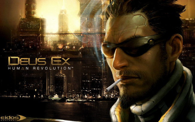 Обои картинки фото видео игры, deus ex,  human revolution, лицо, сигарета, город