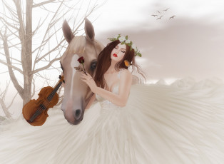 Картинка 3д графика people люди лошадь девушка скрипка венок роза малиновка