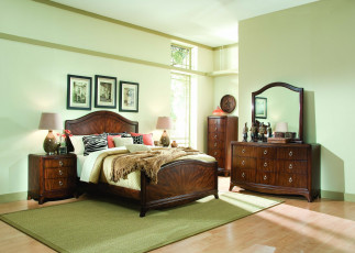 Картинка интерьер спальня кровать подушки мебель
