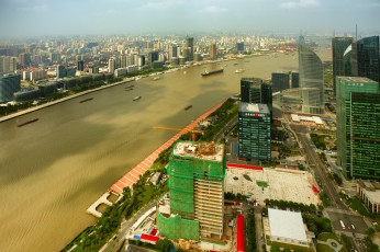 Картинка города шанхай китай высотные здания небоскрёбы мегаполис река