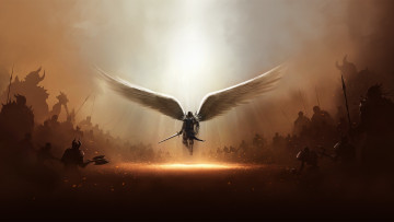 обоя видео, игры, diablo, iii, ангел, крылья, меч, свет, битва