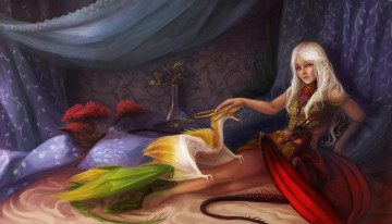 Картинка фэнтези красавицы чудовища детеныши подушки кровать драконы девушка