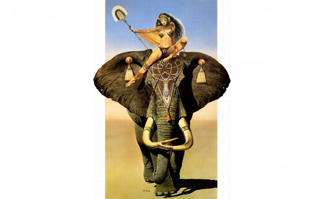 Обои картинки фото elephant, walk, рисованные, chris, achilleos, слон, погонщица, опахало